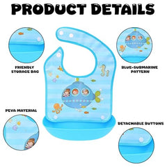 MOMISY Baby Bib For Newborn Waterproof Silicone Apron Wipeable Stain Resistant With pocket For 6 months and up (Blue-Submarine)
