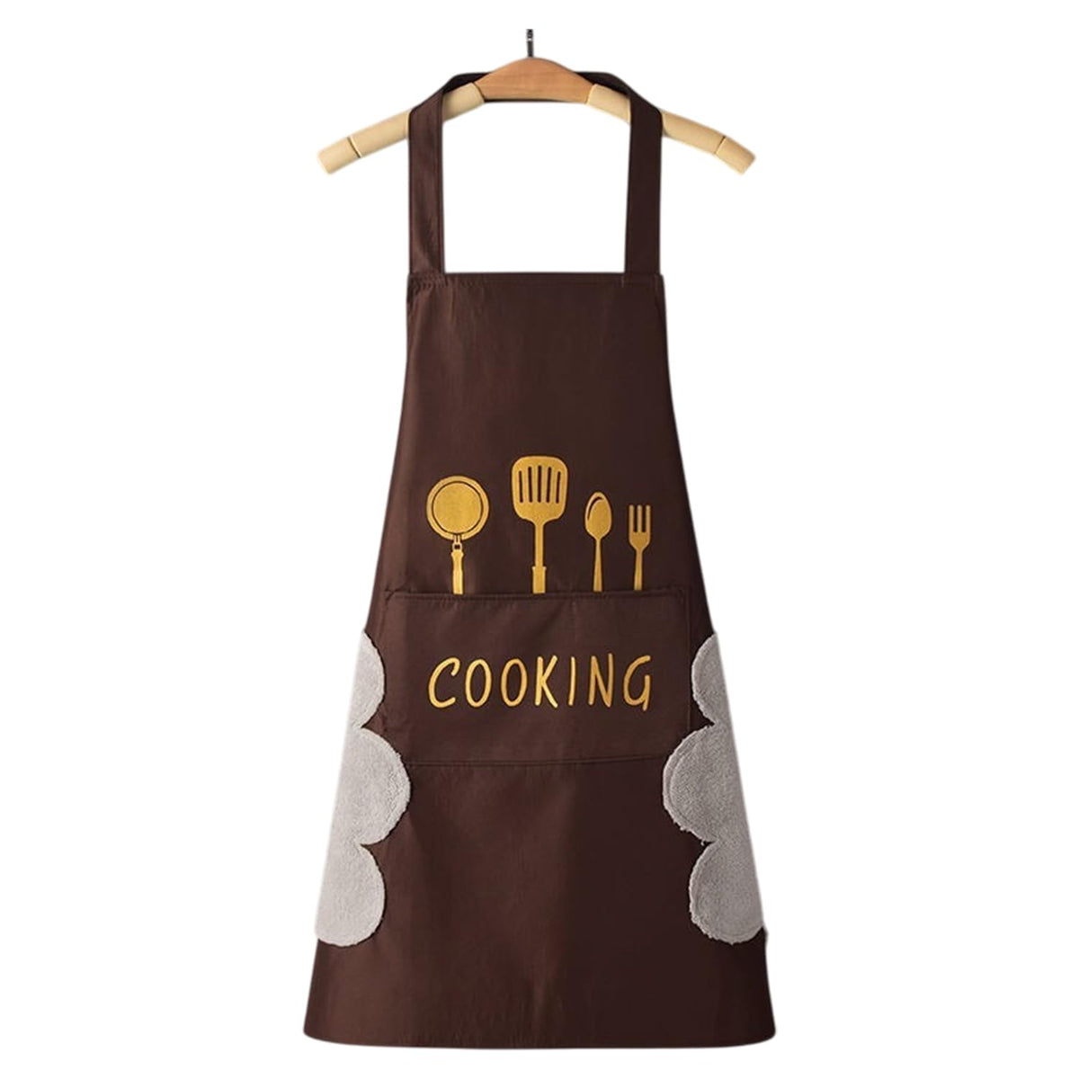 MOMISY Waterproof Kitchen Apron, Cooking Apron with Pockets, Side Towel for Hand Wiping, Suitable for Men and Women (Brown)