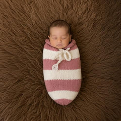 MOMISY Newborn Photography Photoshoot Prop, Crochet Costume Set, Knitted Sleep Bag (Light Pink White, 0-6 Months)