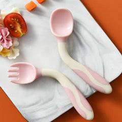MOMISY Baby l Infant Bendable Fork and Spoon Set | Newborn Toddler Self Feeding Utensils Cutlery Set Perfect Training Eating Tools for Kids - (Set of 2, 1 Fork, 1 Spoon) (Pink)