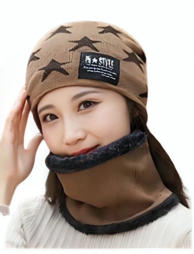 MOMISY Unisex Woolen Beanie with Star Pattern and Fleece Lined Neck Warmer Scarf Set, Brown