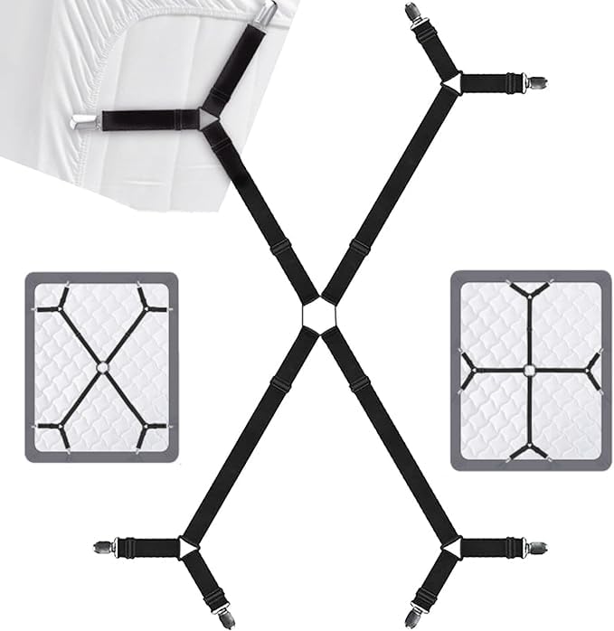 MOMISY Bed Sheet Straps Fasteners Suspenders Grippers Clips, Triangle Shape, Adjustable Crisscross Corner Holder Fit for Twin/Queen/King (Black)