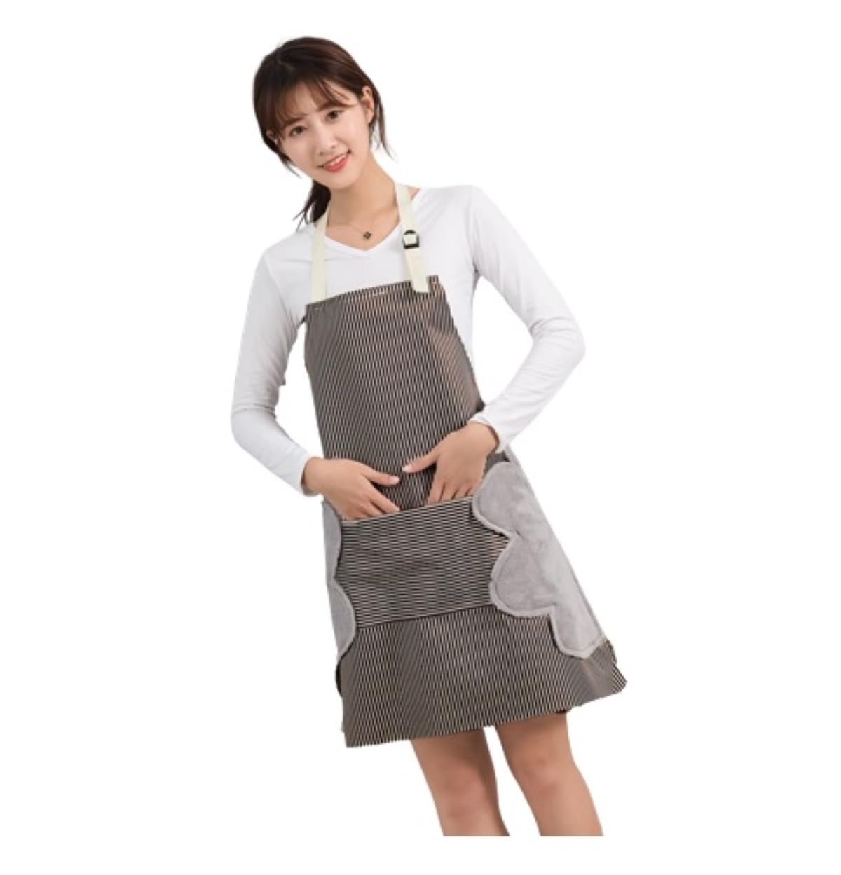 MOMISY Kitchen Cooking Apron with Pocket and 2 Stitched Towels Waterproof Adjustable Durable Stripe Kitchen Women Men Apron with Pockets Bib (Striped Brown)