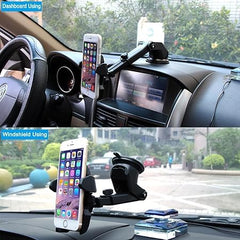 MOMISY Car Mount Adjustable Car Mobile Phone Holder Stand Universal Long Arm, for Dashboard & Windshield, 360° Rotational, Strong Suction Cup for Smartphones (Black)