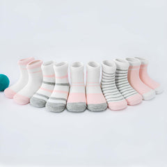 MOMISY 5 Pairs Girl Boys Tube Socks Toddlers Infant Solid Color Boat Spring and Autumn Socks Stretch Baby kids Sock (IN, Age, 0 Months, 12 Months, PinkGrey Stripe Polka)