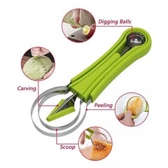 MOMISY Melon Baller Scoop Set, Professional 4 in 1 Stainless Steel Fruit Carving Tools Set,Fruit Scooper Seed Remover Watermelon Knife for Dig Pulp Separator (4 in 1 Scoop) (Green)