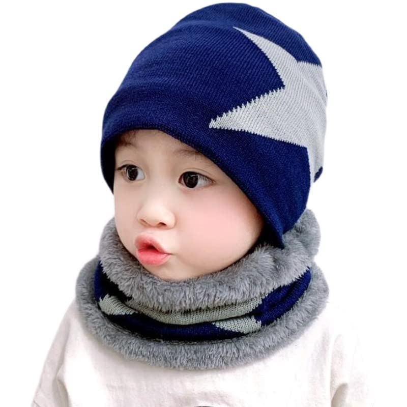 MOMISY Kids Winter Hat and Scarf Set, 2Pcs Warm Knit Beanie Cap and Scarf for 5-10 Years Old (Navy Blue)