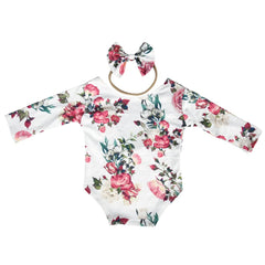 MOMISY Floral Romper with Hairband Photoshoot Photography Props Costume (White Flower)