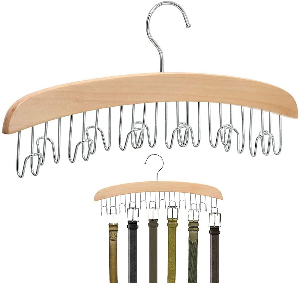 MOMISY Wooden Hanger with 12 Hooks Adjustable Tie, Belt, Scarf & Jewelry Organizer, Brown, Glossy Finish