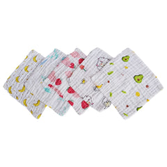 MOMISY Dry Muslin Wash Cloth Organic Cotton Face Towel Handkerchief for Baby New Born/Infants/Toddlers -Printed, Multicolor (5)
