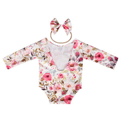 MOMISY Floral Romper with Hairband Photoshoot Photography Props Costume (White Rose)
