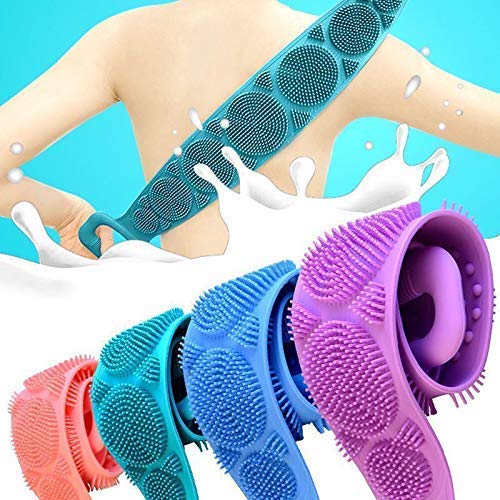 Momisy Silicone Body Back Scrubber, Double Side Bathing Brush for Skin Deep Cleaning Massage, Dead Skin Removal Exfoliating Belt for Shower, Lathers Well for Men & Women (Assorted colour)