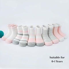 MOMISY 5 Pairs Girl Boys Tube Socks Toddlers Infant Solid Color Boat Spring and Autumn Socks Stretch Baby kids Sock (IN, Age, 0 Months, 12 Months, PinkGrey Stripe Polka)