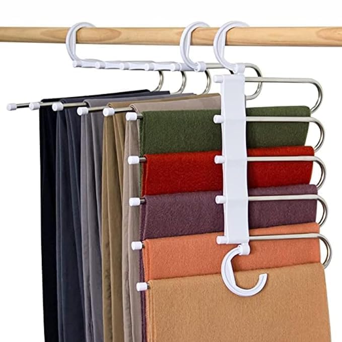 MOMISY 5 in 1 Stainless Steel Foldable Hangers for Clothes Pant Hanging Multi-Layer Multi Purpose Space Saving Magic for Wardrobe (Pack of 1)
