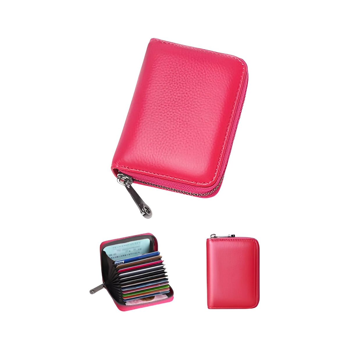 MOMISY PU Leather Credit Debit Card Holder Wallet Card Case ID Case Organizer Holder Zipper Wallet Coin Purse for Men & Women (14 Slots Rose Red)