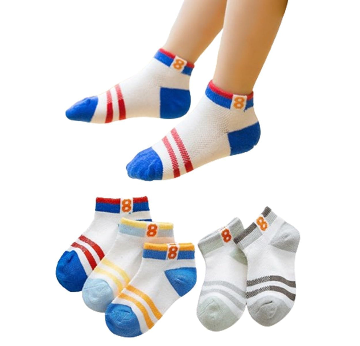 MOMISY 5 Pairs Baby Kids Girl Boys Tube Socks Toddlers Comfortable Ankel Length gifts (2Striped8, 1 to 3 year)