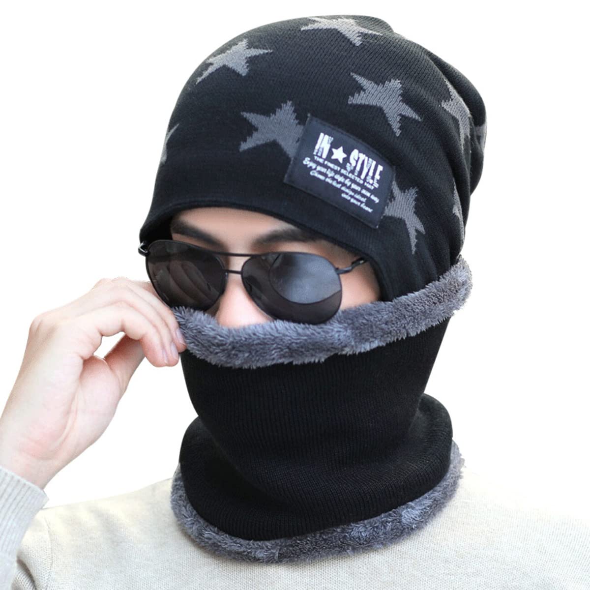 MOMISY Unisex Woolen Beanie Cap Plus Muffler Scarf Set for Men Women (Black)