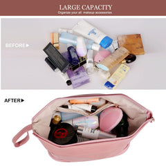 MOMISY Large Capacity Cosmetic Travel Bag, Women's Makeup Travel Bag Portable Leather Cosmetics Bag, Makeup Storage Bags with Handle and Divider, Wide Opening Cosmetic/Makeup Organizer (Pink)