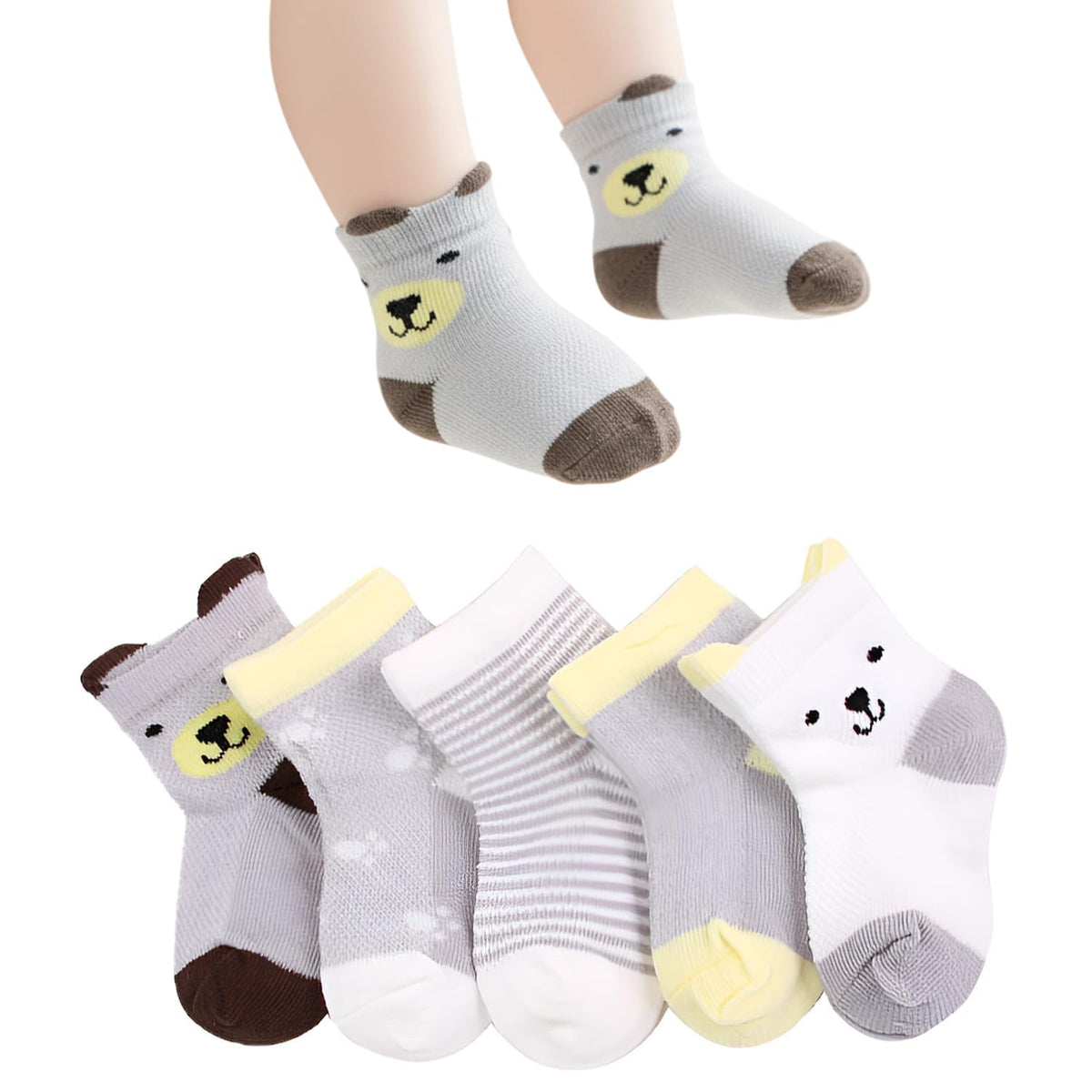 MOMISY 5 Pairs Baby Girl Boys Tube Socks Toddlers Infant Solid Color Boat Spring and Autumn Socks Stretch Baby Sock - Multicolor (IN, Age, 1 Year, 3 Years, Grey Bear)
