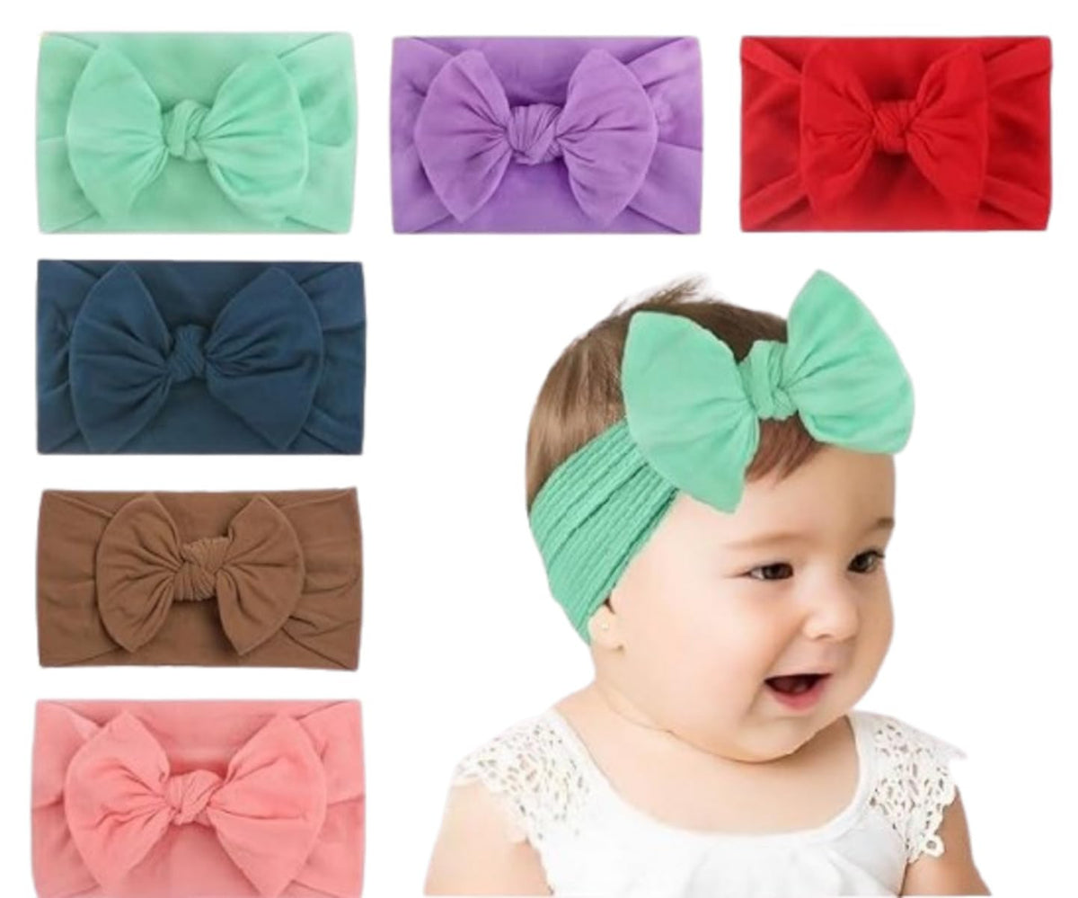 MOMISY Baby Girls Nylon Headbands with Bows, Soft Stretchy, Set of 6, Multicolour