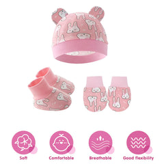 MOMISY Cotton Baby Caps, Mittens and Booties Set, 0-6 Months (IN, Age, 0 Months, 6 Months, Rabbit)