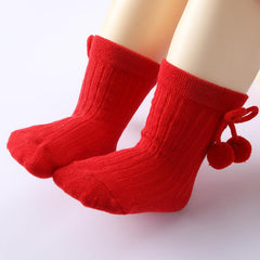 MOMISY Baby Cotton Crew/Calf Socks, Long Tube Style, 2/3 Pairs, Pom Design (IN, Age, 0 Months, 12 Months, 3, RedBlackPink)