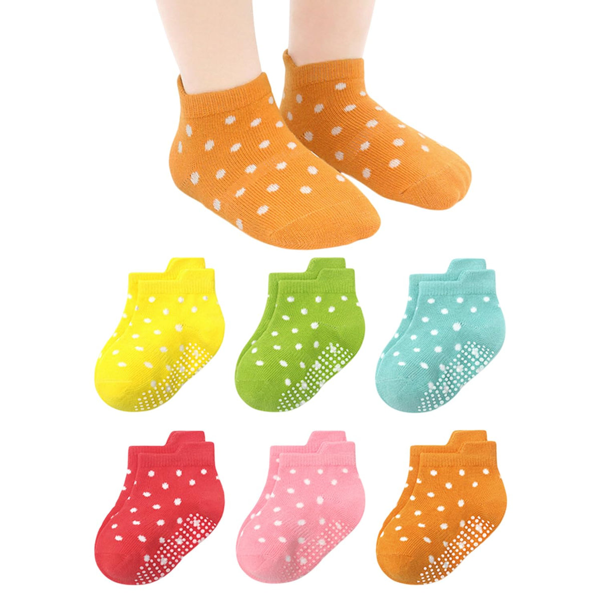 MOMISY Baby Girl Boys children Non Slip Toddlers Infant children Cotton Stretch Crew Anti skid Slip Socks-6 Pairs (AntiSkid-Polka, 1 to 3 years)