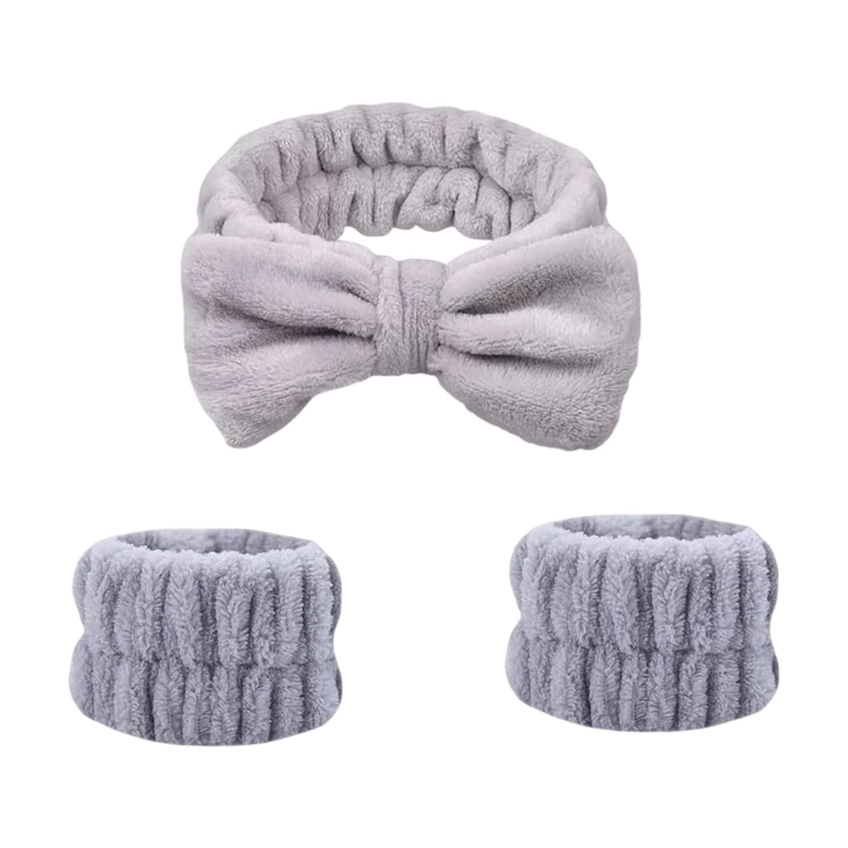 MOMISY Face Wash Headband and Wristband Set for women ladies female and girls, Stretchy Bowknot Design, Super Absorbent Flannel, for Face Washing, Makeup, Yoga (Grey, Free)