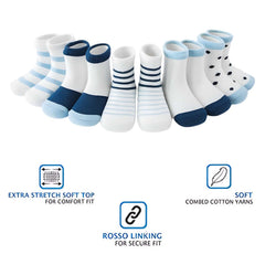 MOMISY 5 Pairs Girl Boys Tube Socks Toddlers Infant Solid Color Boat Spring and Autumn Socks Stretch Baby kids Sock (Blue Stripe Polka, 0 Year to 1 Year)