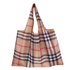 MOMISY Designer Pattern Reusable and Foldable Shopping Bag/Tote Hand bag/Travel Bag/Grocery Bag | Heavy Duty, Eco Friendly | Compact, Lightweight and Convenient (Checks Khaki)
