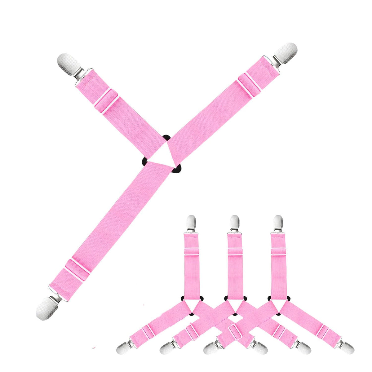 MOMISY Bed Sheet Holder Straps | Adjustable Bed Sheets Fastener and 3 Way Mattress Cover Holder Fasteners | The Triangle Bedding Keeper with Heavy Duty Grippers Clips Black Triangle (4pc/Set) (Pink)