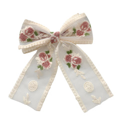 MOMISY Floral Embroidery Hair Bow Barrette Clips, Fabric Back Clips for Women and Girls (Beige, Large)