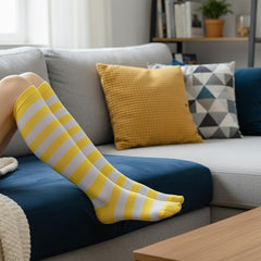 MOMISY Knee Socks for Womenand Girls Premium Cotton Blend, Breathable Long Knee High Stockings, Ultimate Comfort and Style, Ideal for Daily Use- Pack of 1 (Free Size) (White Yellow)