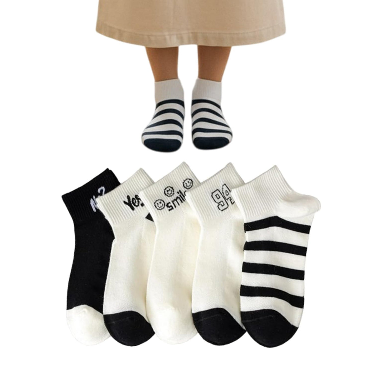 MOMISY Men's Premium Cotton Cushion Ankle length Socks, (Multicolor) Pack of 5 (Free Size) (BlackWhite)