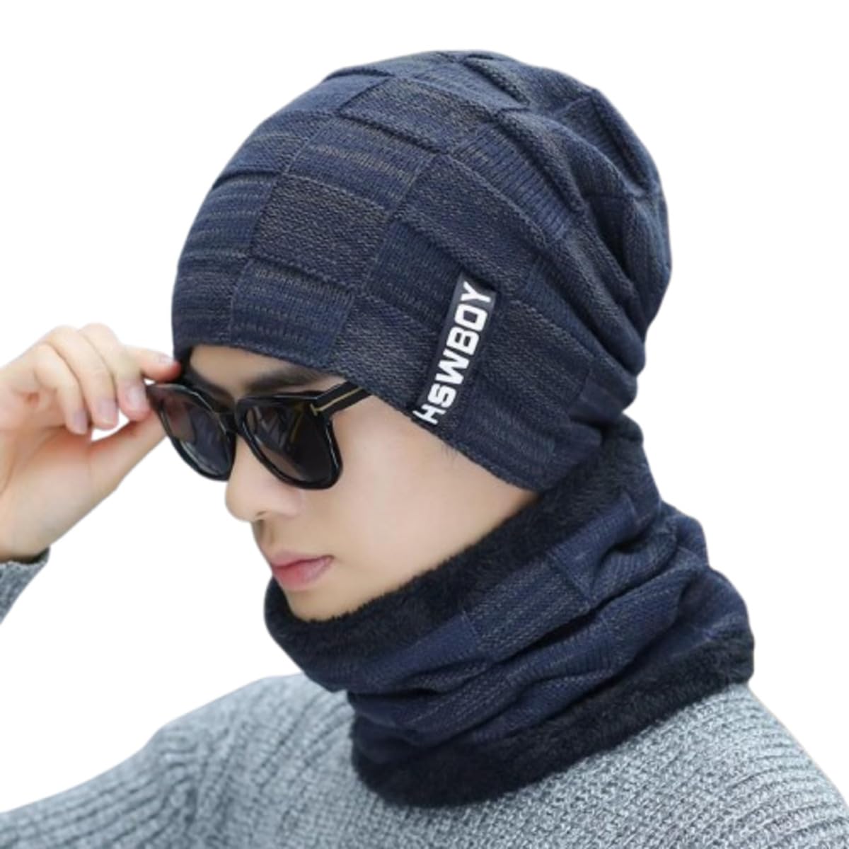 MOMISY Unisex Woolen Beanie and Fleece Lined Neck Warmer Scarf Set (Blue)