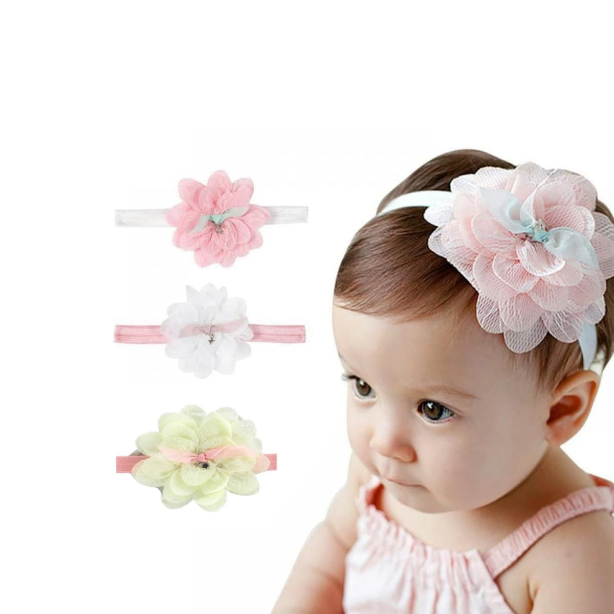Momisy Baby Girl Headbands, Floral Hair Accessories with Lace Flowers, Pink White Yellow, Set of 3
