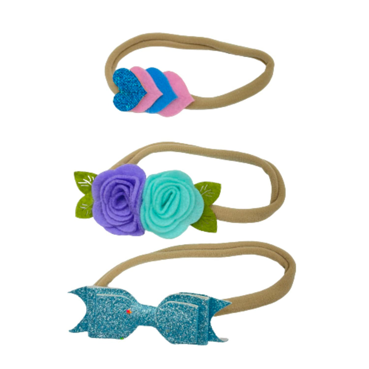 MOMISY Headbands Flowers Soft Synthetic Hairbands for Baby Girls, Infants and Toddlers, Pack of 3 - Multicolor (Free Size, Blue Purple Pink)