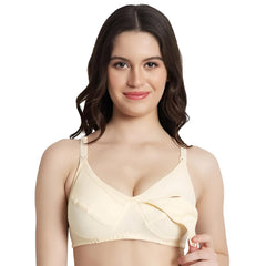 MOMISY Maternity Nursing Bra for Women | Non-Padded Cotton Blend | Wire-Free V-Neck Feeding Bra (Size 38 Beige)