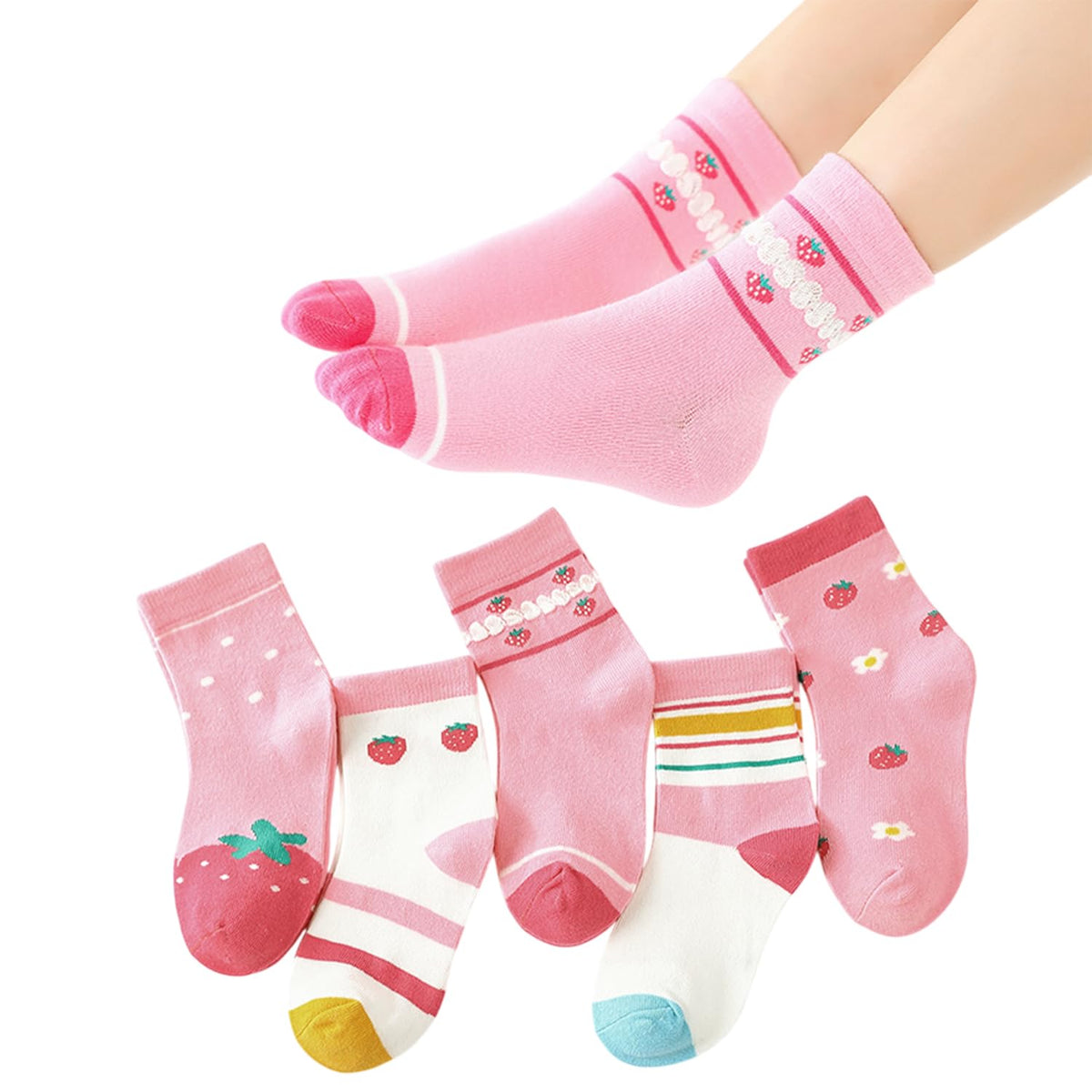 MOMISY 5 Pairs Baby Kids Girl Boys Tube Socks Toddlers Comfortable Ankel Length gifts (Multi Strawberry, 1 to 3 year)