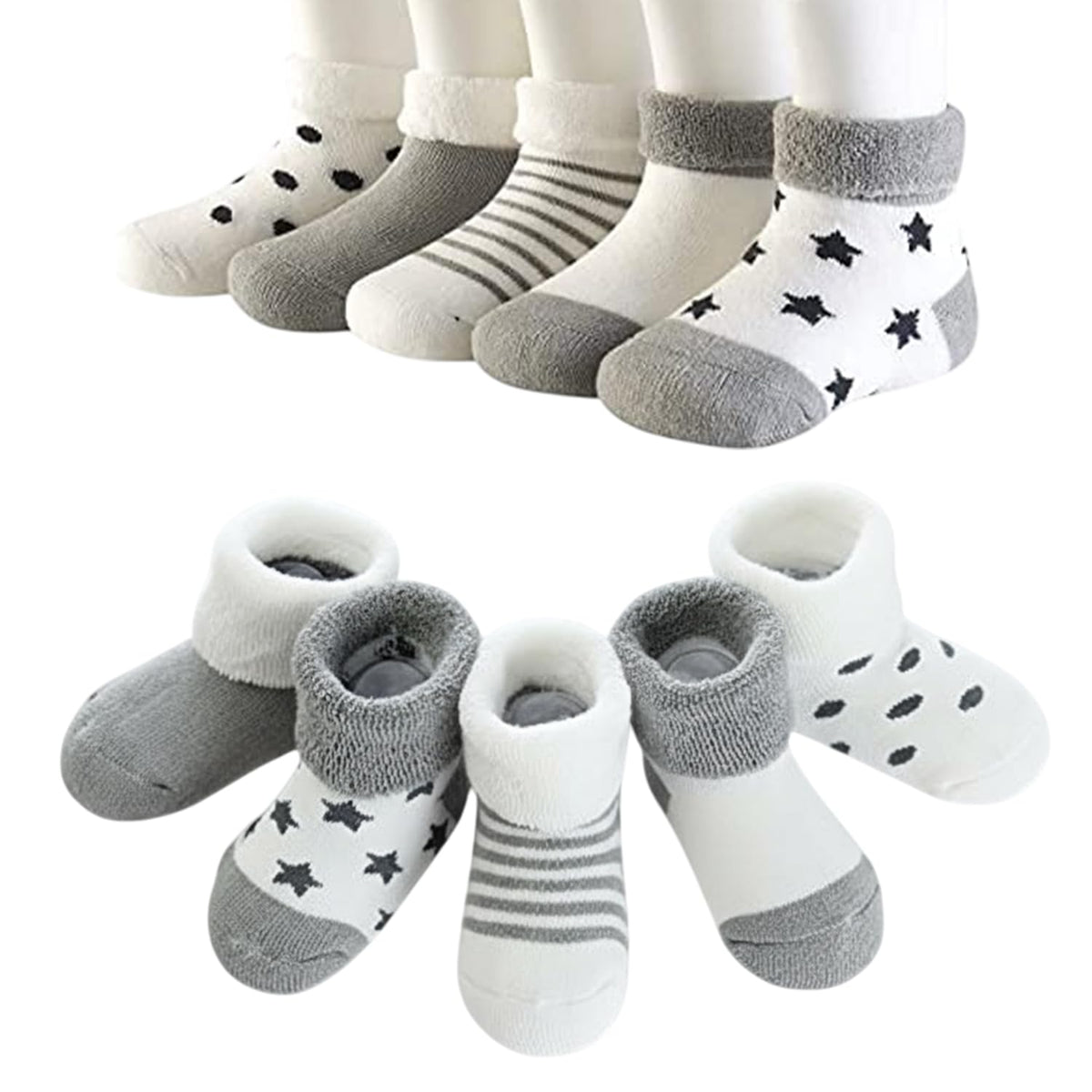 MOMISY 5 Pairs Baby Girl Boys Tube Socks Toddlers Infant Solid Color Boat Spring and Autumn Socks Stretch Baby Socks (Grey, 0 year to 1 year)