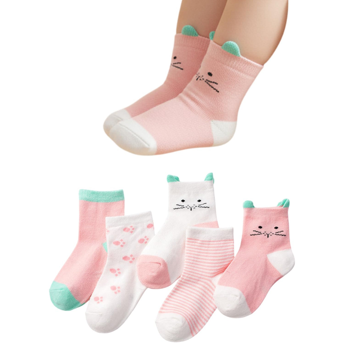 MOMISY 5 Pairs Baby Girl Boys Tube ankle Socks for Baby Girl BoysToddlers Infant kids (PinkKitten, 0 year to 1 year)