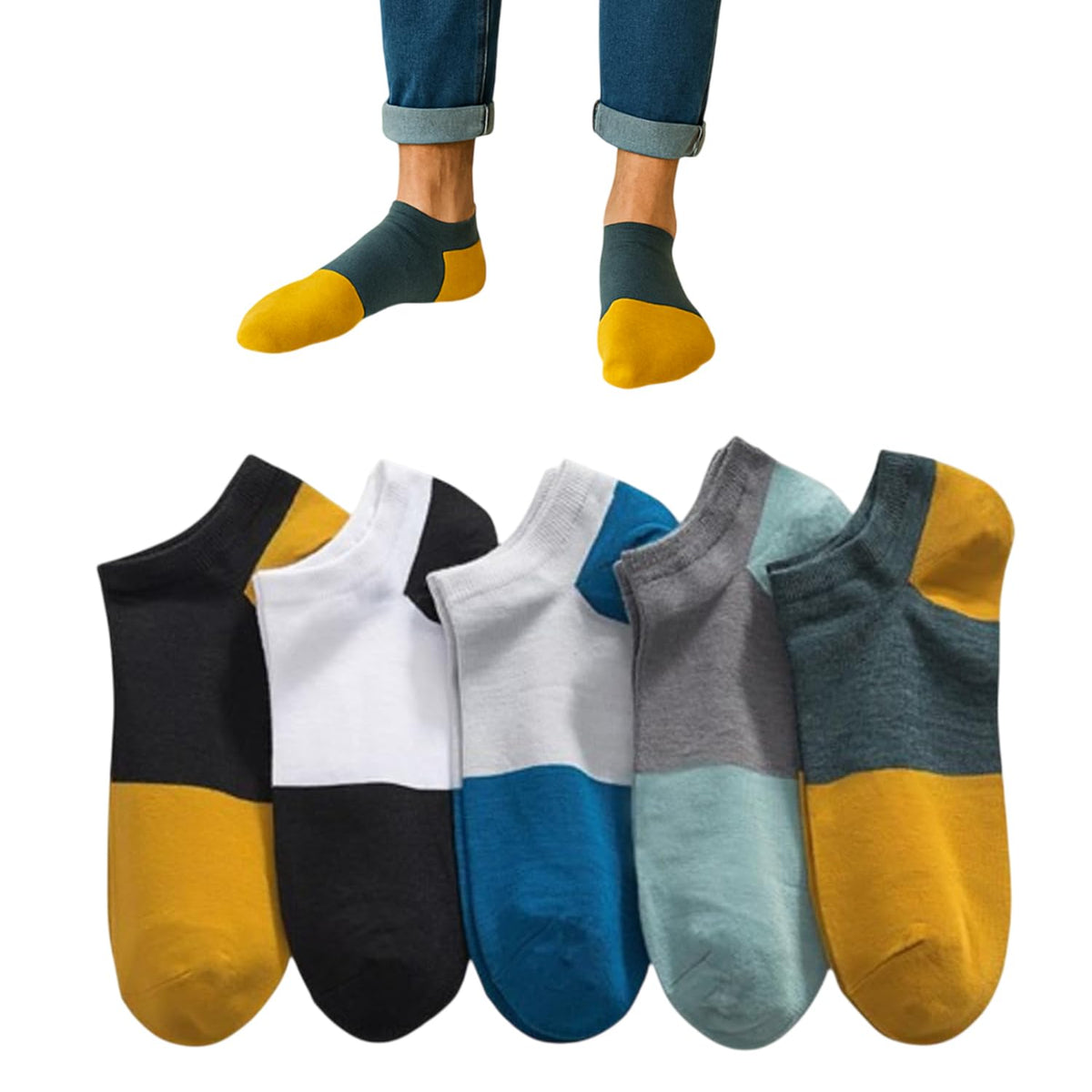 MOMISY Men's Premium Cotton Cushion Ankle length Socks, (Multicolor) Pack of 5 (Free Size) (Block)