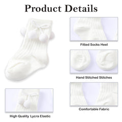 MOMISY Baby Cotton Knee-High Socks, Long Tube Style, 2/3 Pairs, Pom Design (IN, Age, 0 Months, 12 Months, 2, GreyWhite)