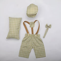 MOMISY Baby Photography Props Set, 4 Pieces, Gentleman Cap with Bow, Pillow and Dungaree (Light Green, 0-3 Months)
