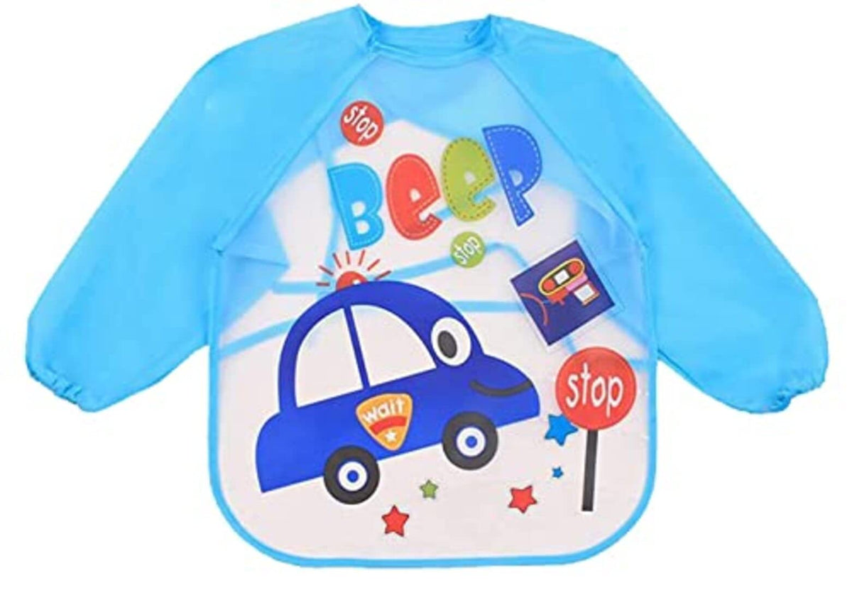 MOMISY Waterproof Art Smock Painting Apron Bib Full Sleeve Cartoon Animal for kids children Infants Toddler baby Boys Girls-Blue Car