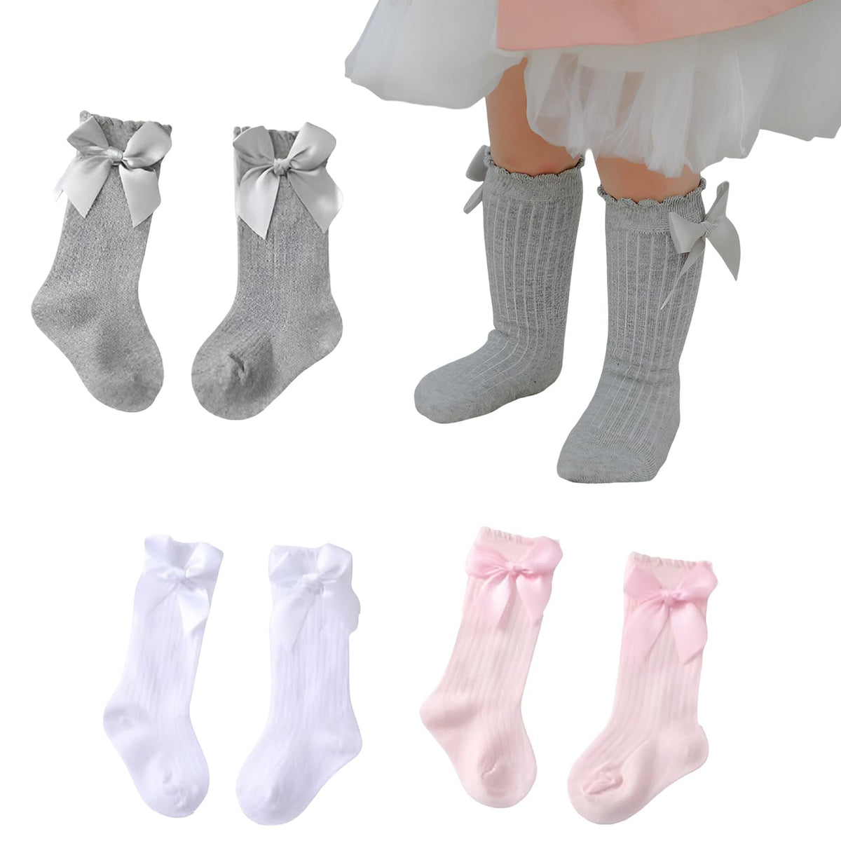 MOMISY Baby'S 3 Pairs Of Spring Winter And Autumn Combed Cotton Long Tube Knee-High Socks (Greywhitepink,1-2Y)