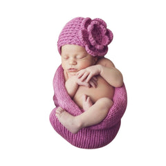 MOMISY Newborn Photography Photoshoot Prop, Crochet Costume Set, Knitted Sleep Bag with Flower Cap-Purple