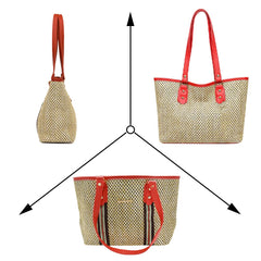 MOMISY Women's Straw Large Capacity Shoulder Tote Handbag with Top Handle-Red Handle