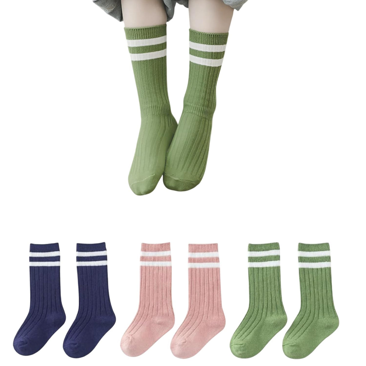MOMISY 3 Pairs Combed Cotton Knee-High Socks, Striped, 3-5 Years