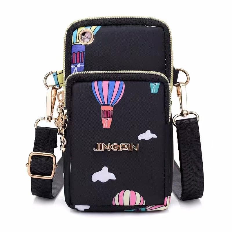 MOMISY Small Cross Body Bag, Multifunction 3 Layer Mini Shoulder Bag Phone Purse Armband with Headphone Port for Teens Girls Ladies Women (Balloon Black)